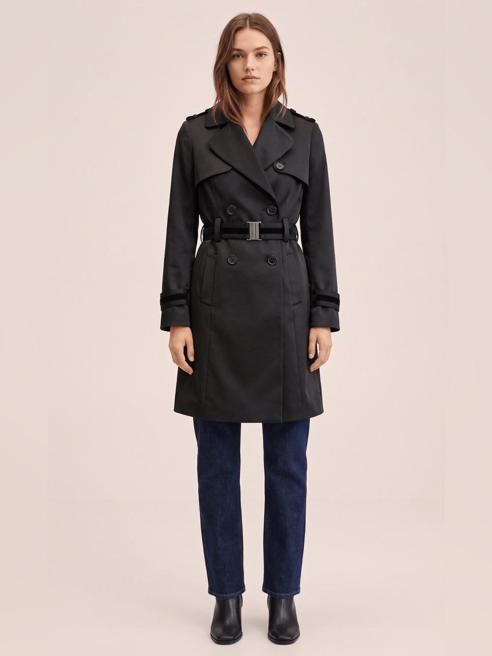 Mango Double-Breasted Trench Coat Black Satin Quilted Lined Medium